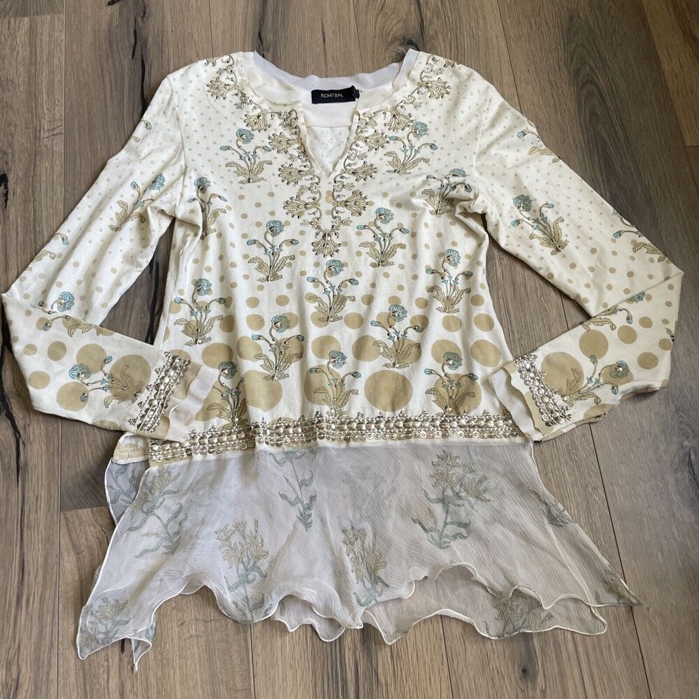 Rohit Bal Indian Designer Size Large Top Embroidered Studded Lace Trim Tunic